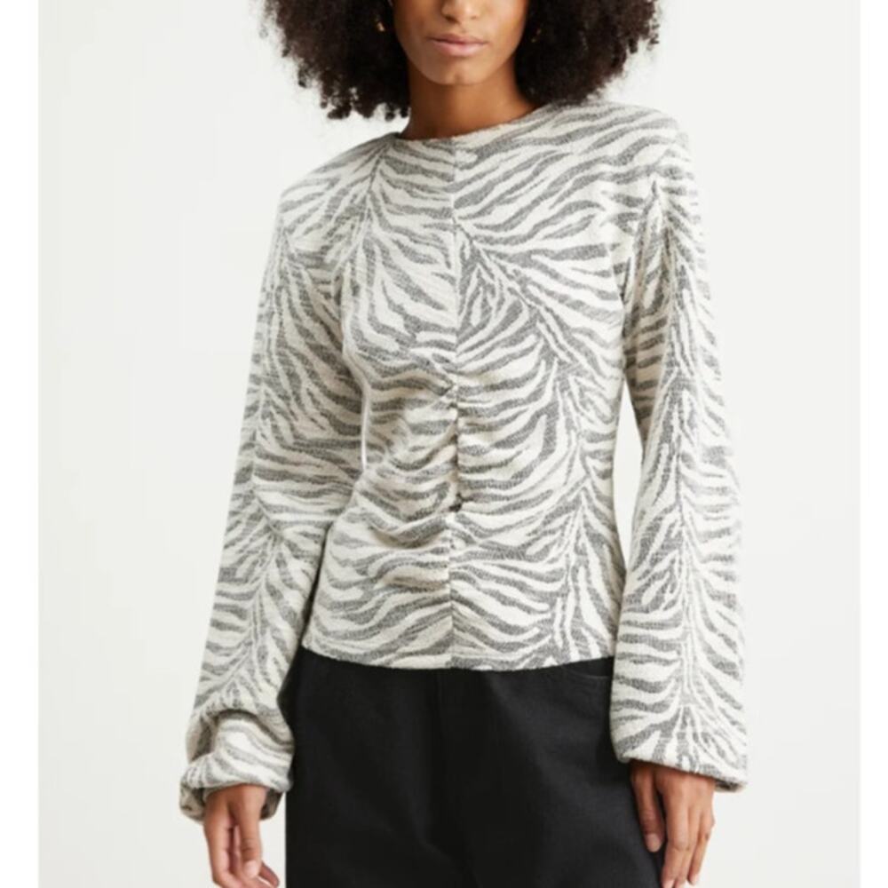 NEW Gestuz Iria Zebra Stripe Textured Blouse Gray Puff Sleeve Womens Lg